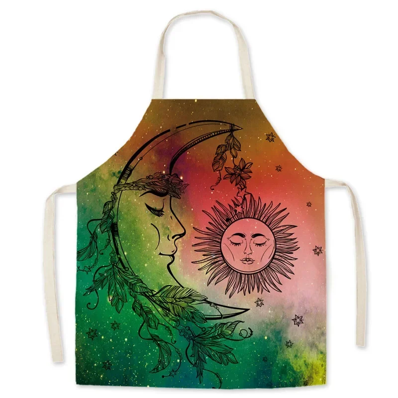 Bohemian Style Apron Psychedelic Sun and Moon Printing Apron for Men and Women Household Cooking and Baking Cleaning Tools