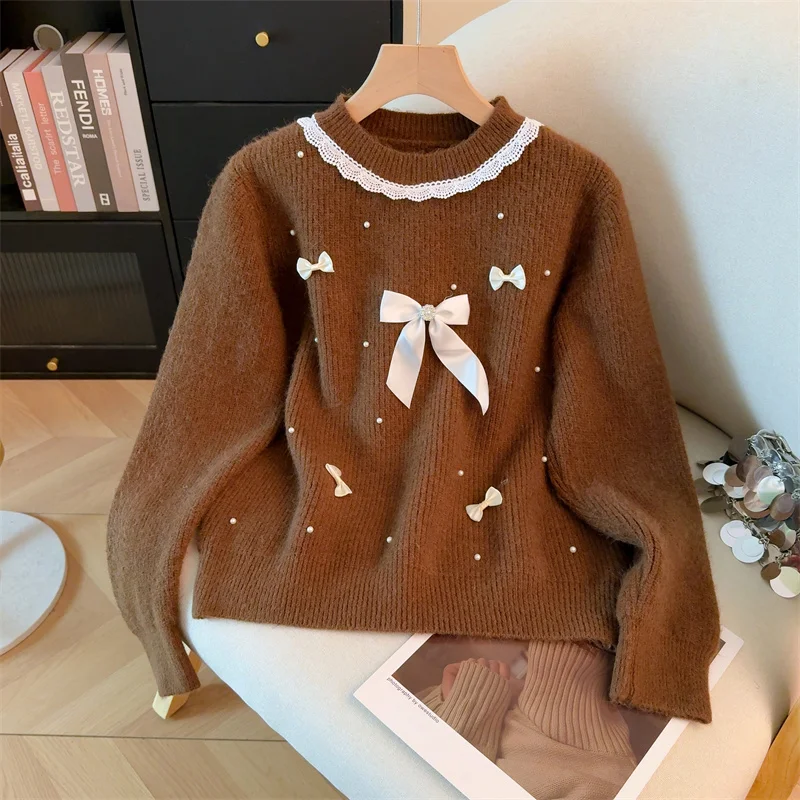 여성용 퍼플 O넥 풀오버 리본 스웨터 빈티지 점퍼 니트 긴 소매 캐시미어 스웨터 가을 겨울 2000년대 의류