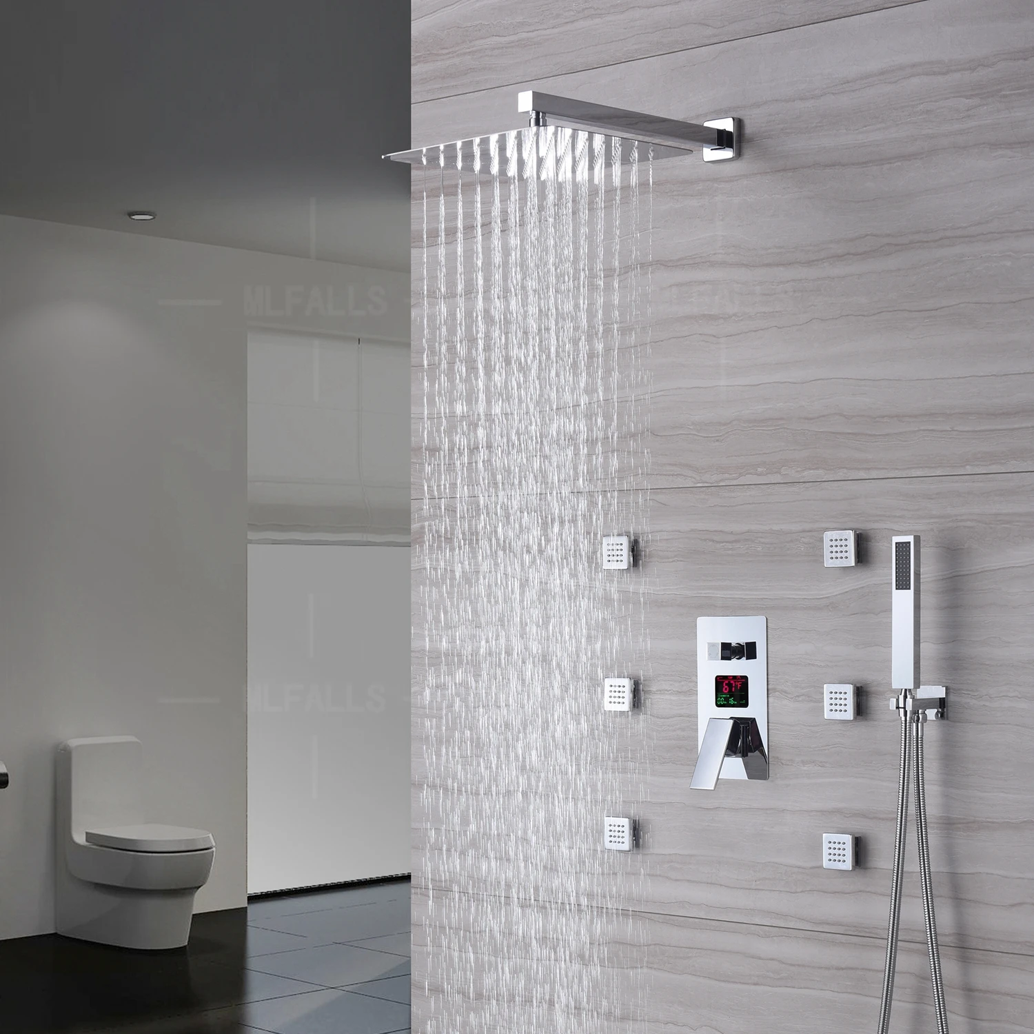 Bathroom Rainfall Thermostatic Shower Faucet Digital Display Shower Set With Body Jet 3 Functions Balance Valve NEW