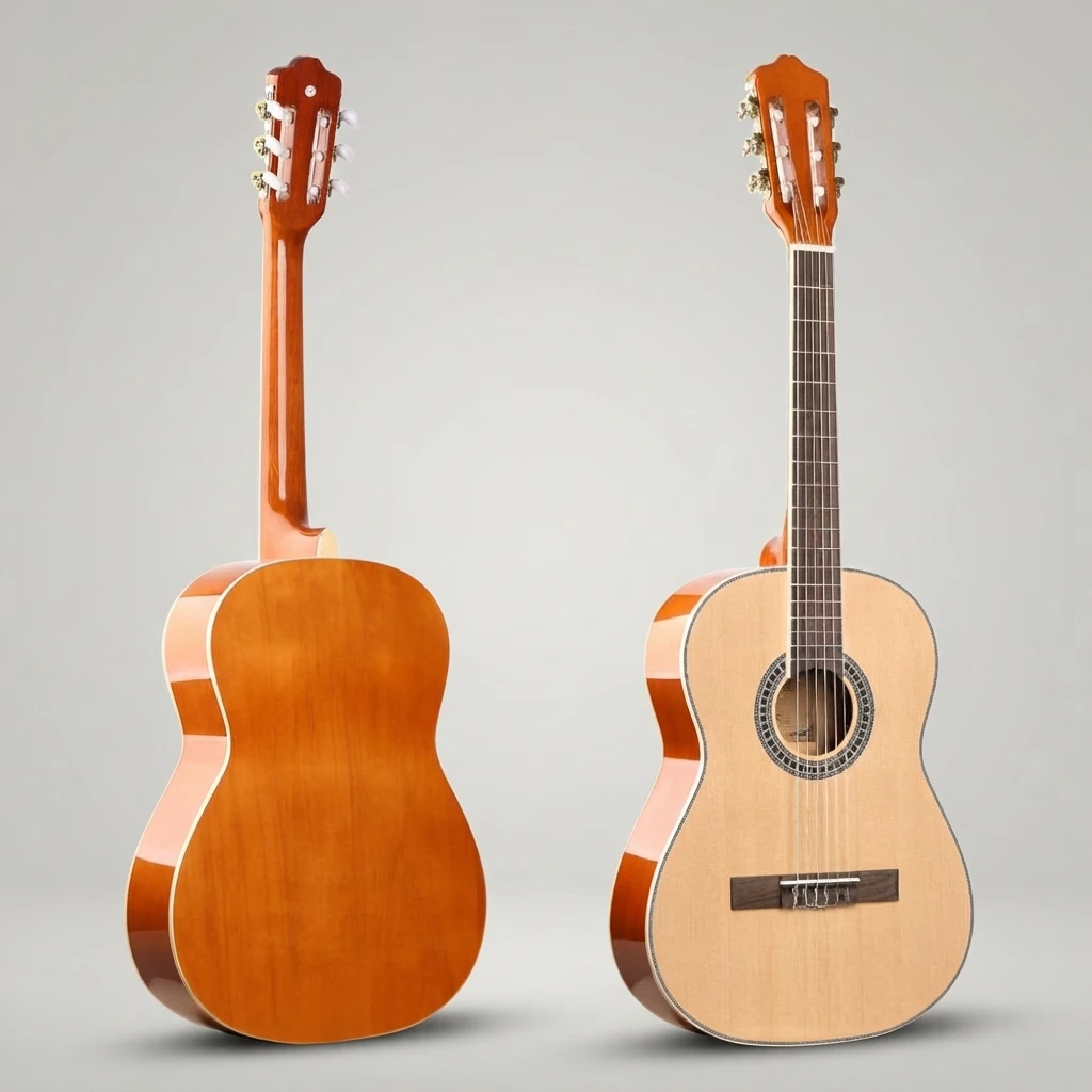 Two Tone Classical Guitar with Nylon Strings, Slotted Headstock, Wide Neck, White Tuners, Decorative Rosette for Beginners