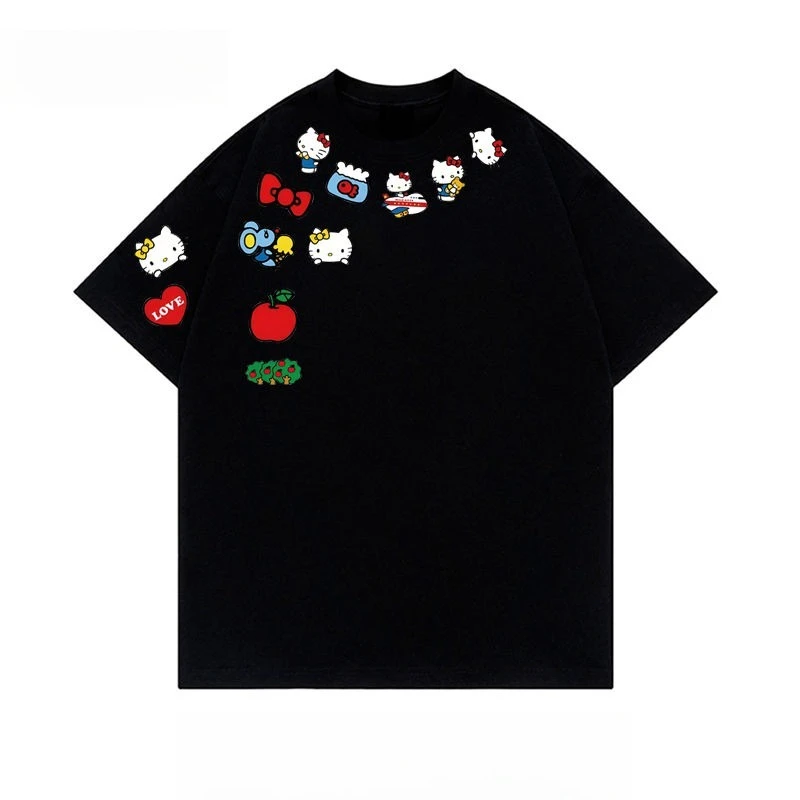 تي شيرت هالو كيتي كبير الحجم مطبوع عليه تنفس بأكمام قصيرة تي شيرت إبداعي سانريو صيفي جديد للرجال والنساء للأزواج هدية علوية متعددة الاستخدامات