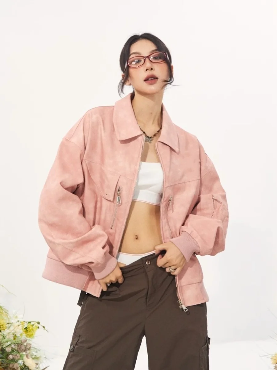 

Retro American Pink Suede Leather Jaet ort Loose Collar Women's Outerwear 2023 Autumn New Mechanical Sle Regular Thin