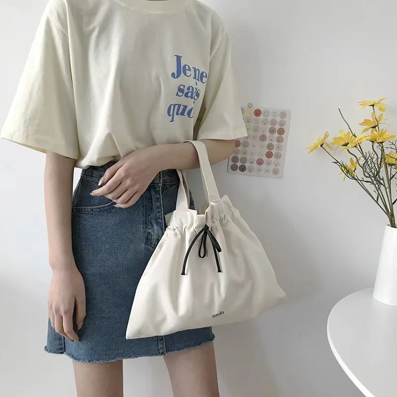 Canvas Bag Lovely Versatile High-capacity Fashion Handbag Niche Ins Simplicity Literature Original Drawstring Autumn Winter