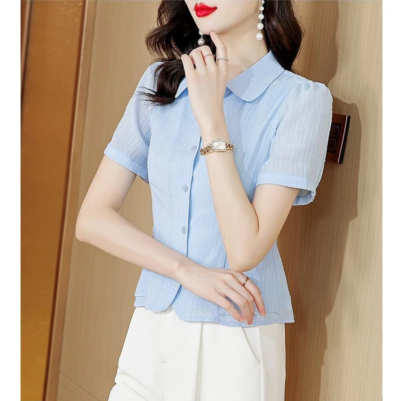 Women\'s Korean Fashion Elegant Button Up Shirt Office Lady Lapel Short Sleeve Commute Blouse Casual White Blue Slim Chiffon Tops