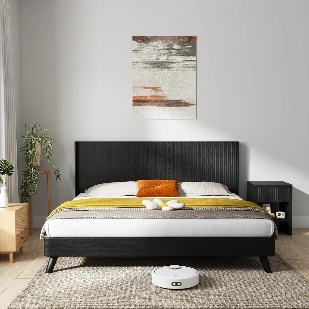 لوح رأسي من King Wood فقط، لوح رأسي مثبت على الحائط مقاس 80.2 بوصة مع لوحة مخددة وتصميم جناح لغرفة النوم، أسود