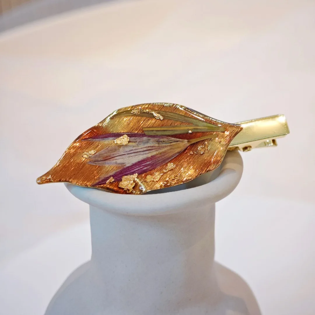 

3256, оптовая продажа, элегантная заколка для волос ручной работы в виде листьев, заколка в виде утконоса, образец растения, аксессуары из сушеных цветов, подарок на Рождество и день рождения