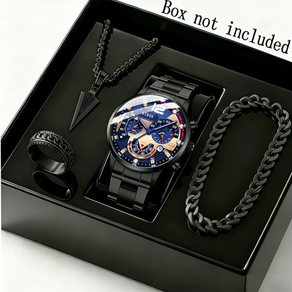 4pcs/set Men's Watch and Triangle Spearhead Necklace Set Combo - Luxury Analog Quartz Wristwatch Date Casual Men Watch