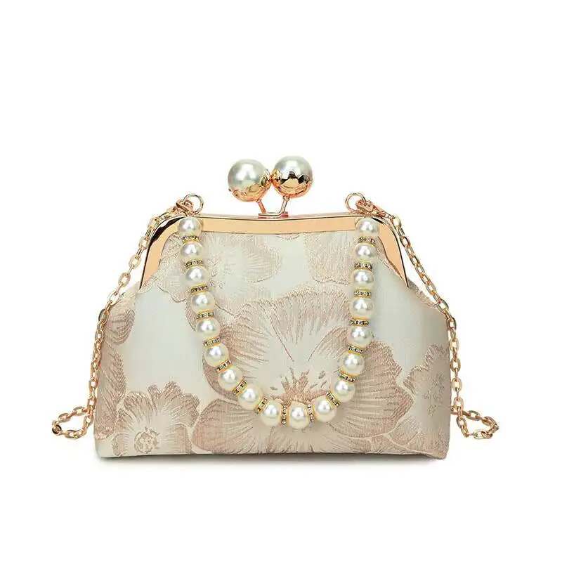 

Женская сумка-клатч в китайском стиле с цветочным жаккардом, винтажной металлической застежкой, жемчужной цепочкой, для вечерних выходов, в стиле Ханьфу и Чонсам