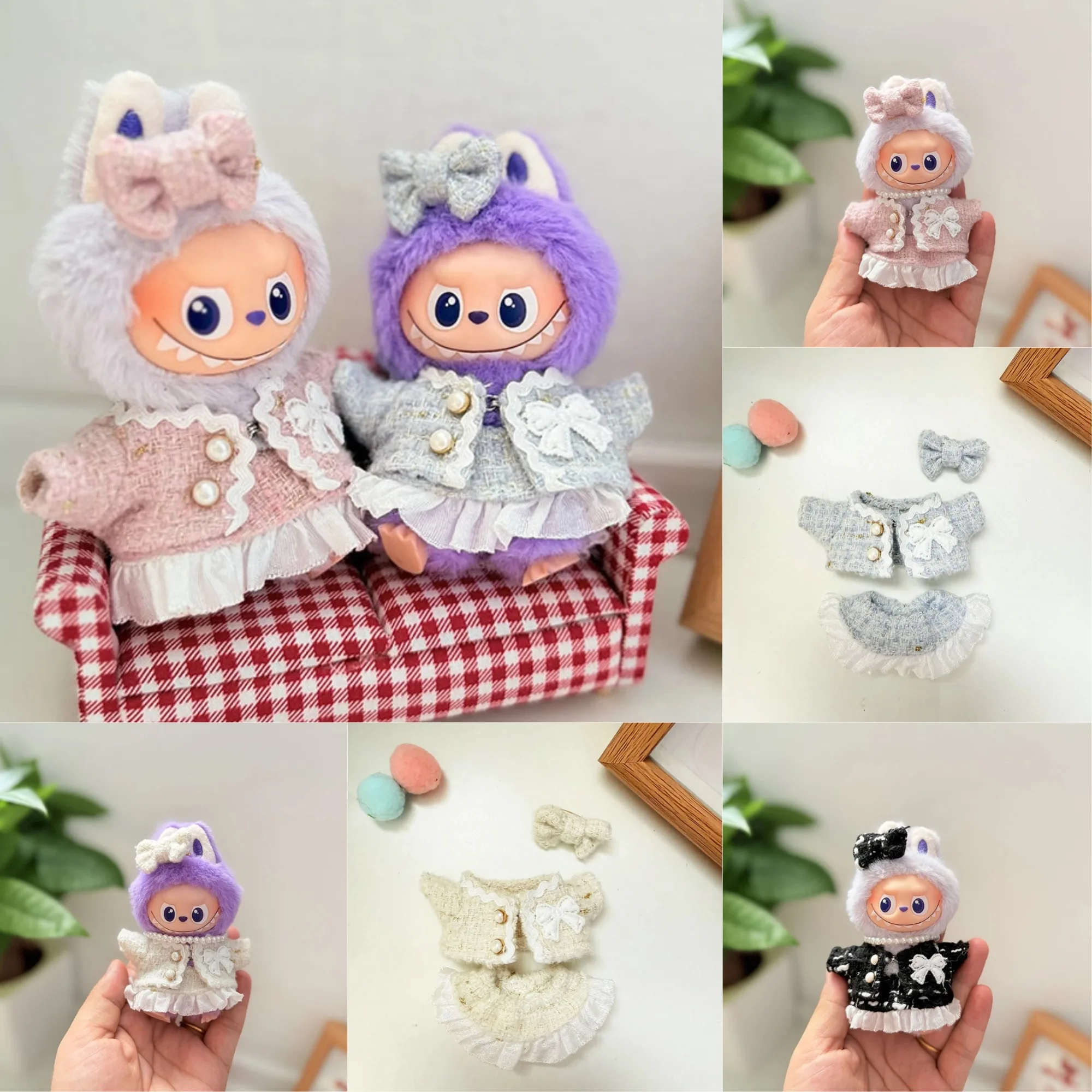 

4-го поколения Mini Labubu Heart Code Series Твидовое элегантное ожерелье с жемчугом Женский стиль Наряд в розовом, белом, синем, черном для куклы 10 см