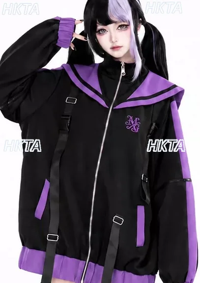 Japanese Autumn hoodie Coat Subculture Retro Two Dimensional Functional Letter Embroidery Contrasting Color Loose Jackets Women