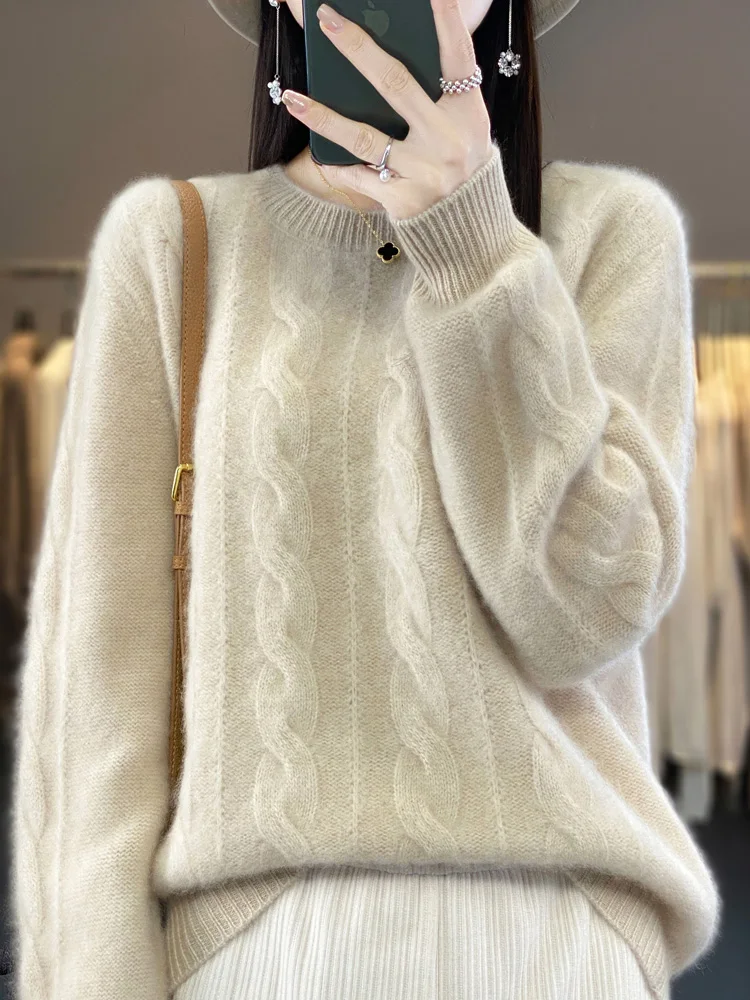 Women Winter Sweater 100% Merino Wool Thick Warm O-Neck Pullover Twist Flower Cashmere Knitwear Casual Korean Popular Clothes