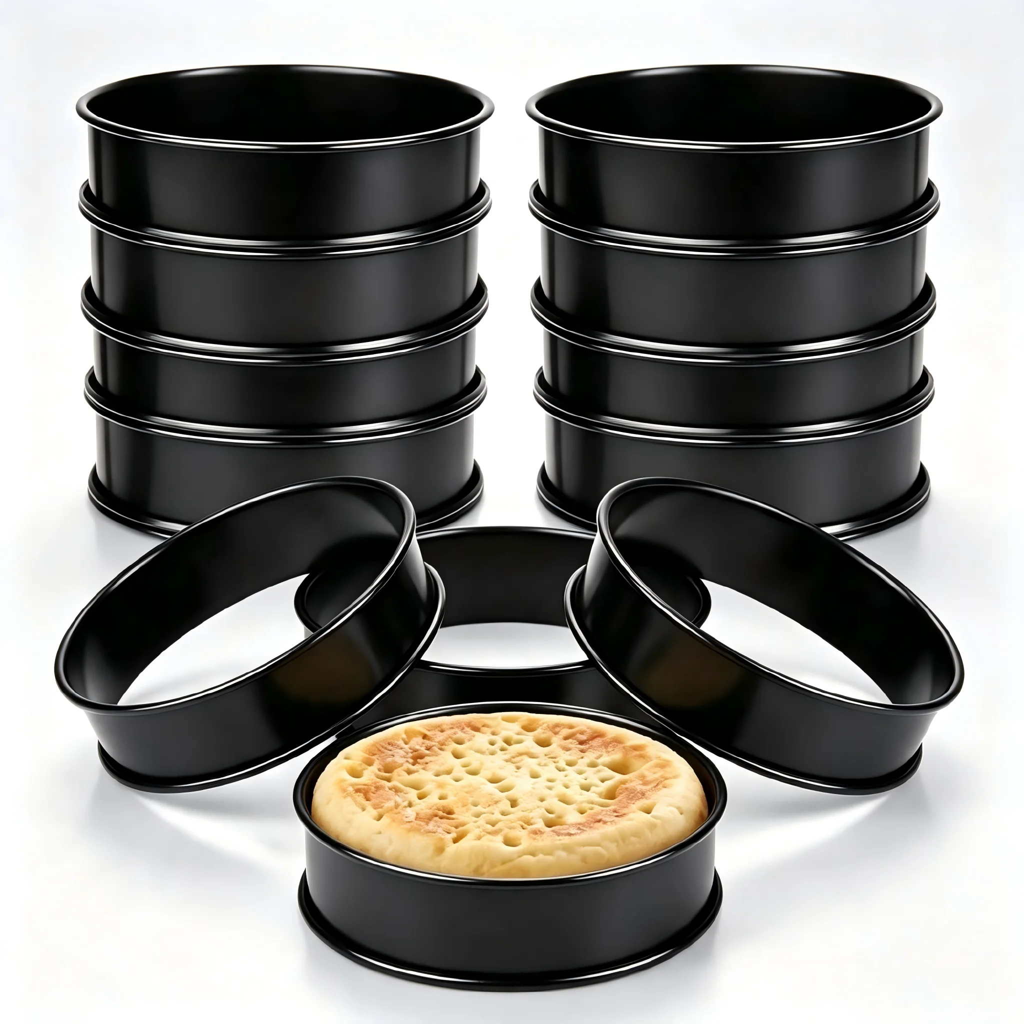 Set di 6 Anelli per Muffin e Crumpet in Acciaio Inox di Grado Alimentare, Doppio Bordo Antiaderente Nero per Pancake, Pasticceria, Omelette e Cottura
