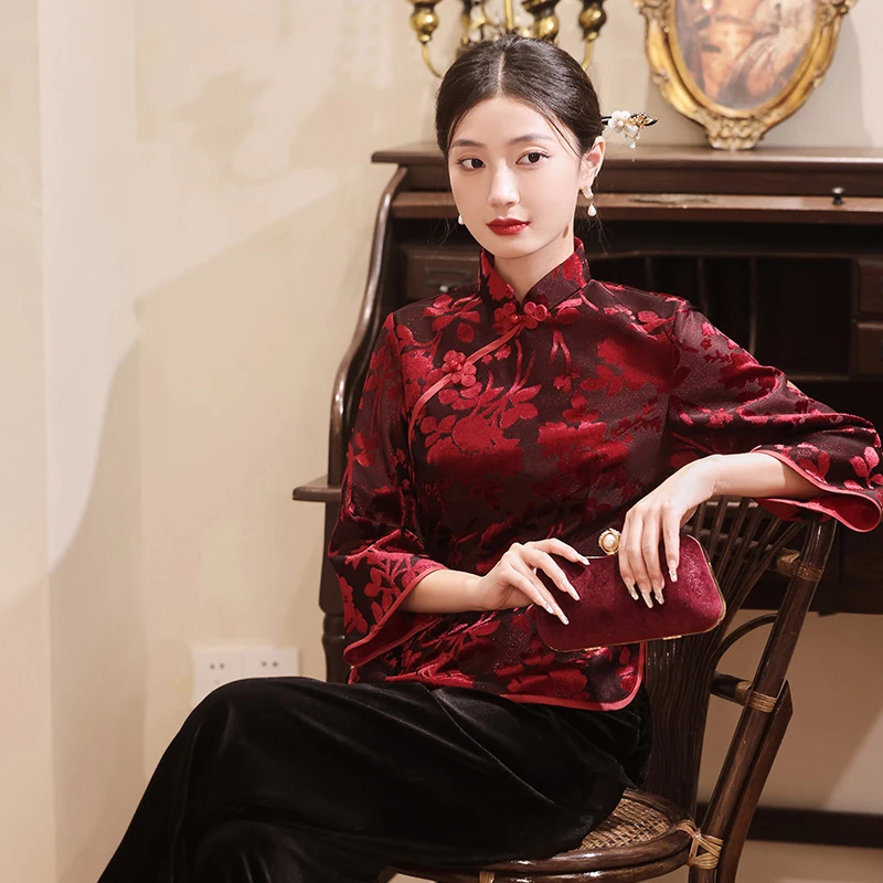 Autumn Winter New Qipao Top Lady Elegant Chinese Tang Clothes Hanfu Set Velour Cheongsam Tradition Mandarin Collar Shirt Bigsize