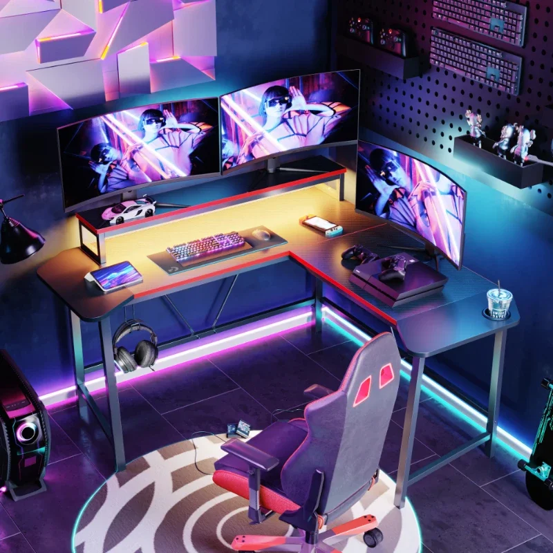 L Shaped Gaming Desk with LED Lights Home Office Table,Carbon Fiber,gaming Table, Furniture, Desk Table