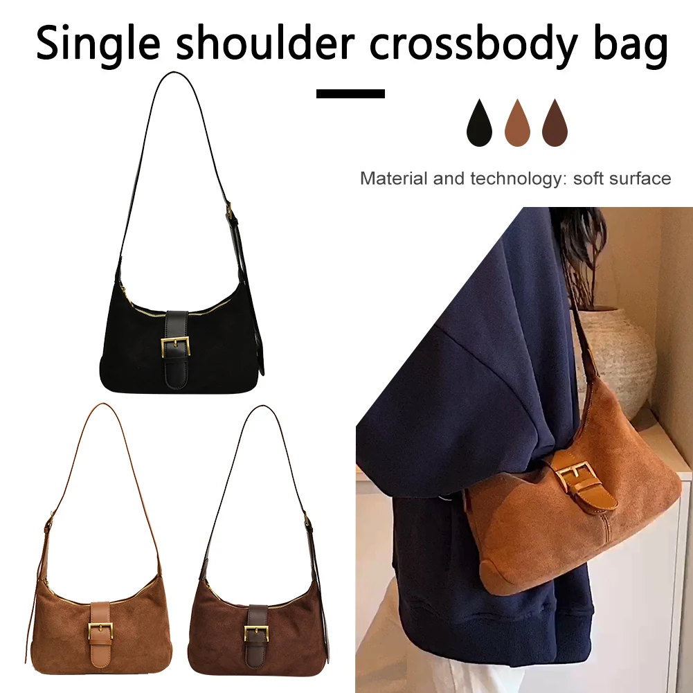 حقيبة كتف نسائية من جلد الغزال بحزام قابل للتعديل حقيبة كروس على شكل هلال حقيبة بمقبض علوي للسفر في العمل #2