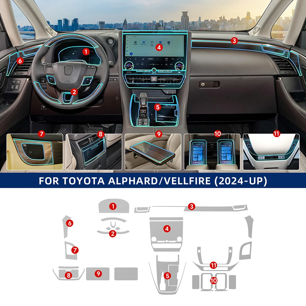 

Пленка TPU для интерьера Toyota Alphard Vellfire 2024: наклейки на центральную консоль, экран, приборную панель, двери, окна, панель переключения передач
