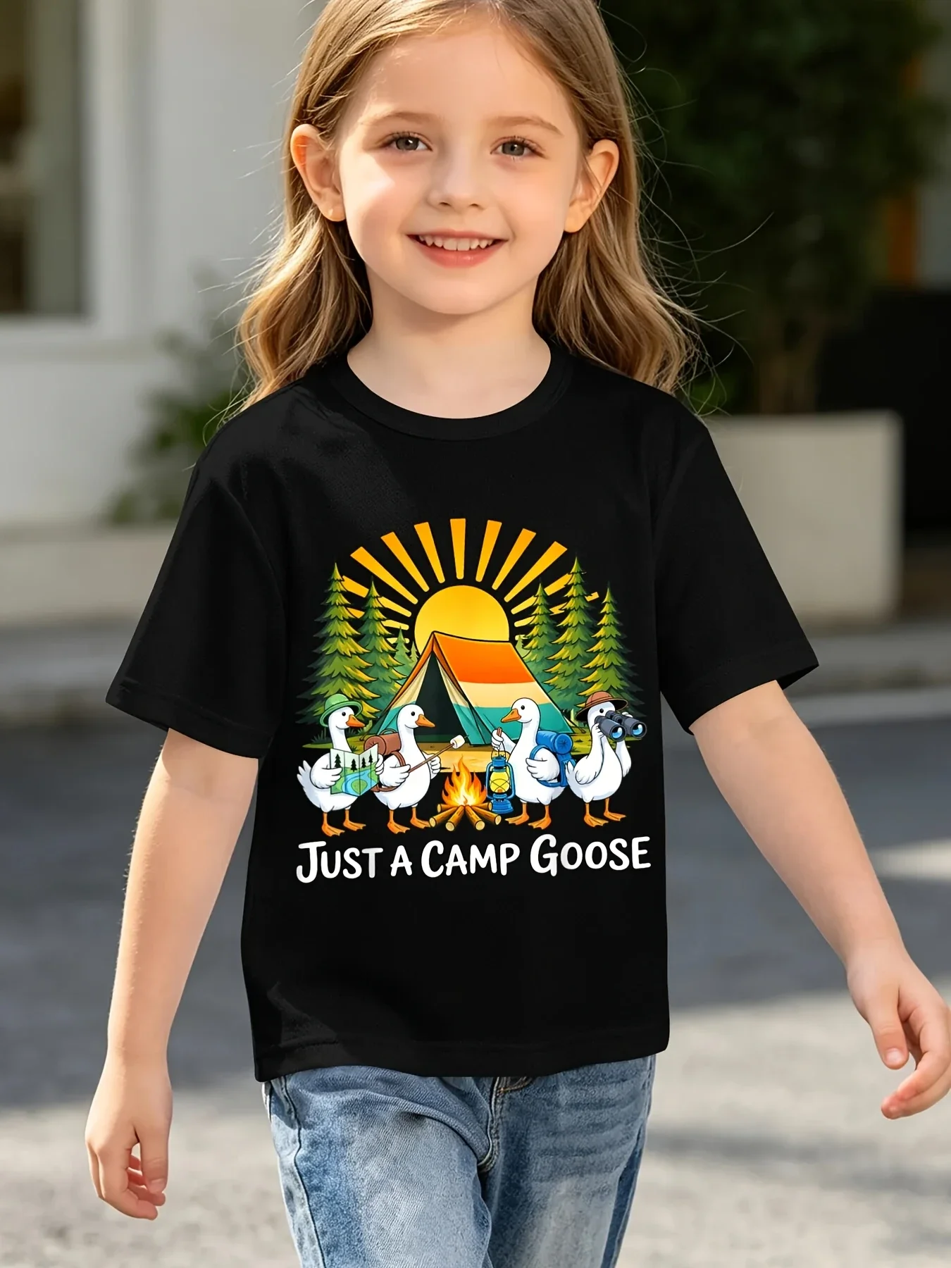 Camping Tent Sun Forest Goose Graphic T Shirt Boys Girls Funny Nature Short Sleeve Tee Family Matching Kids Casual Cotton Tops