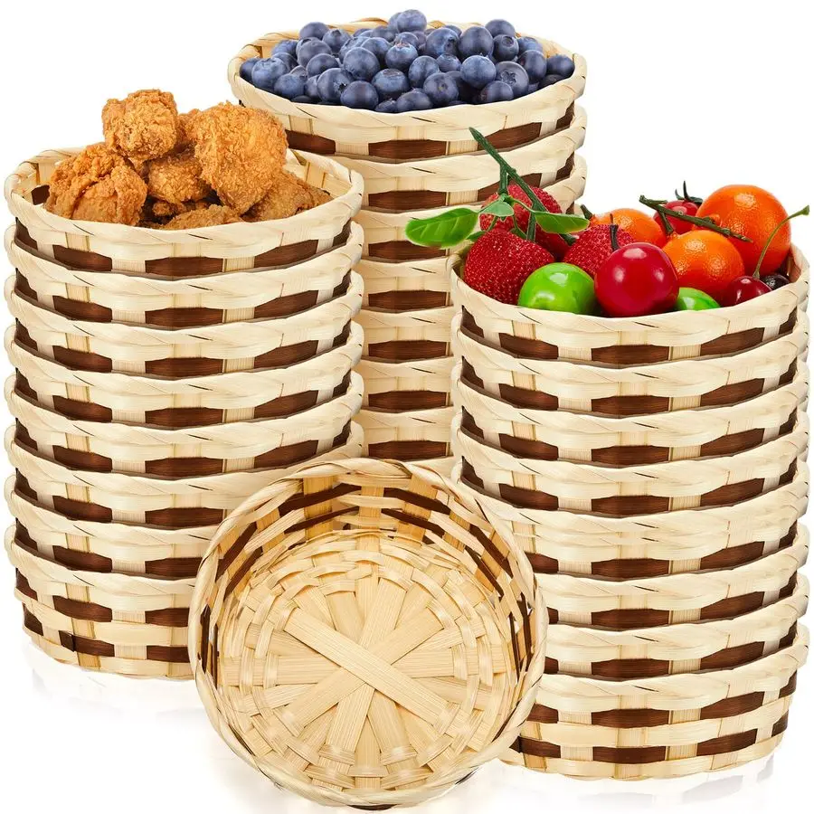 

24 Pack Small Woven Basket Easter Round Bamboo Gift Baskets 6.5 x 2 Inches Wicker Berry Bread Fruit Basket Empty Food Serving Ba
