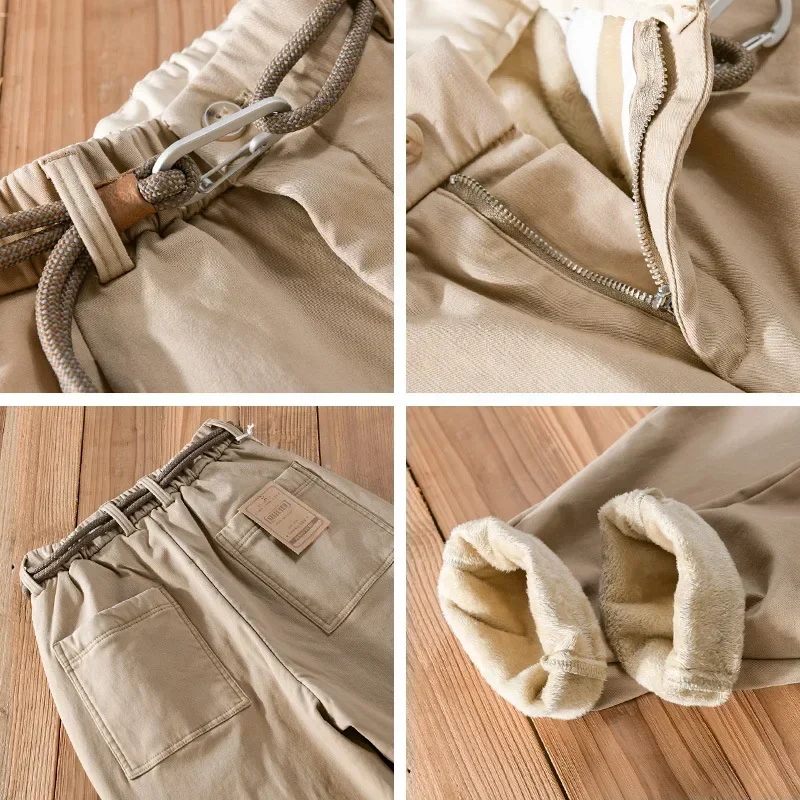 

Keep Warm Winter Pants Men Street American Style Work Pants Elastic Waist Fleece-lined Pants with Belt Casual Baggy Pants Daily