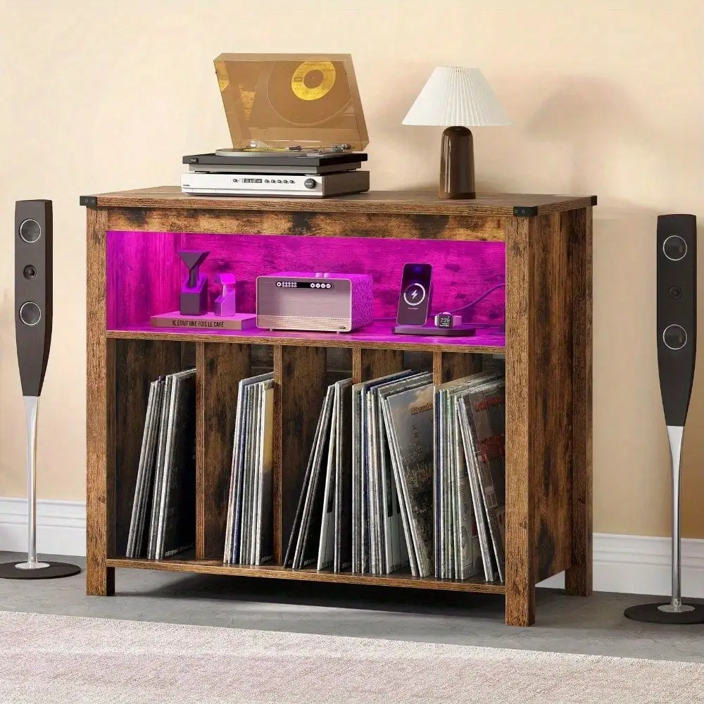 Vinyl Record Player Stand Album Turntable Cabinet with RGB LED and Power Port