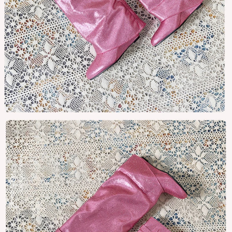 New Y2K Sparkly Rhinestone Women Knee High Boots, Glitter Pink Pointed Toe Straight Tube Wide Leg Tall Fashion Boots for Party - view 5
