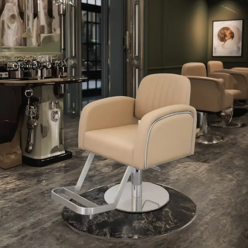 Modern Luxury Durable Height Adjustable Barber Chair 360 Degree Rotation Apricot PU Leather Chrome