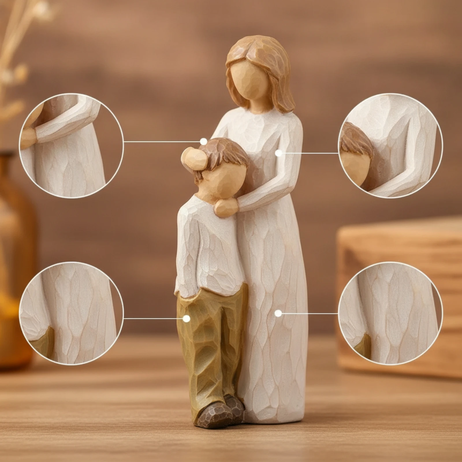 Mother and Child Figurine New Mom Mother and Child Statue Resin Figurine with Engraved Base Hand-Carved Look Sculpture Wood-Like