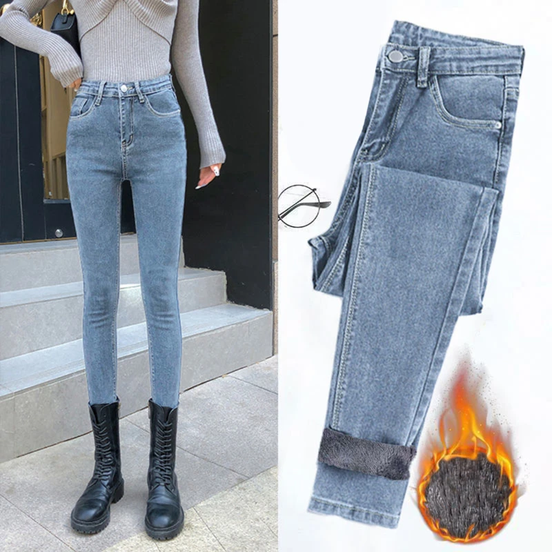 Lente Herfst En Winter Skinny Warme Jeans Vrouwen Fluwelen Enkel Lengte Casual Dikke Potlood Broek Basis Fleece Denim Broek