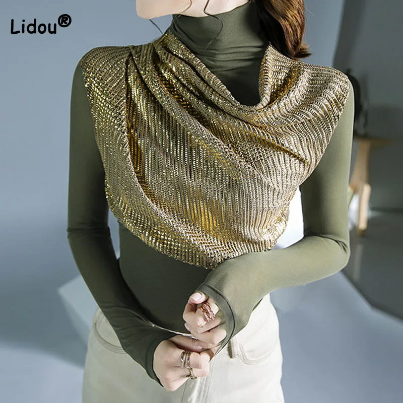 Camiseta lisa empalmada con lentejuelas delgadas coreanas para mujer, ropa de malla de manga larga, Tops de cuello alto que combinan con todo, moda