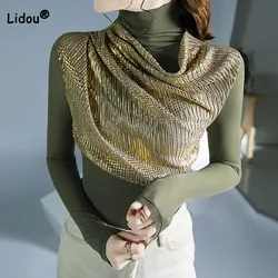 Korean Slim Sequined Spliced Solid T-shirt Women's Clothing Autumn Winter Mesh Long Sleeve Fashion All-match Turtleneck Tops