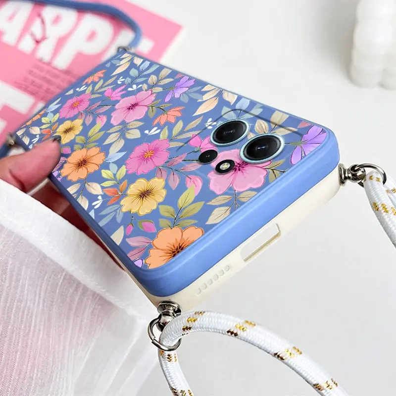 جراب هاتف سيليكون بحبل زهور أرجواني ، غطاء لهاتف شاومي ريدمي نوت 12 ، 12Pro ، 12S ، 12Pro Plus ، 11T ، 11S ، 13Pro ، 13 ، 13R ، N ote