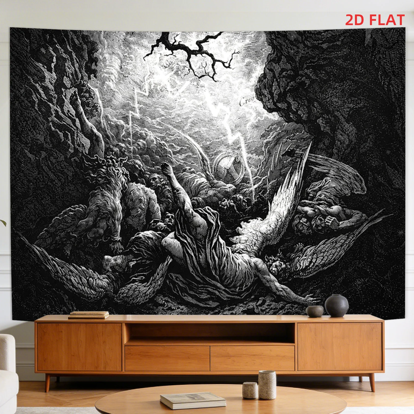 Vintage Fallen Angel Tapestry, Black White Engraving Angel Thunder Cave Print Wall Hanging Bedroom Living Room Dorm Home Decor