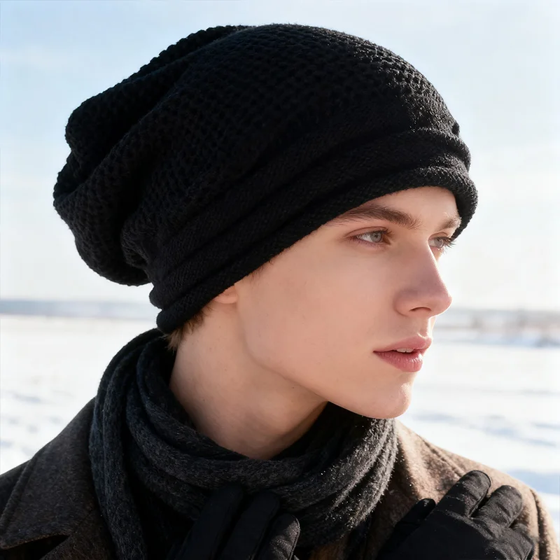 Winter-Übergroße Slouchy-Mütze aus Wolle, gestrickt, warme Mütze für Damen und Herren, gemütlich, elastisch, winddicht, zum Skifahren im Freien – Detail 2