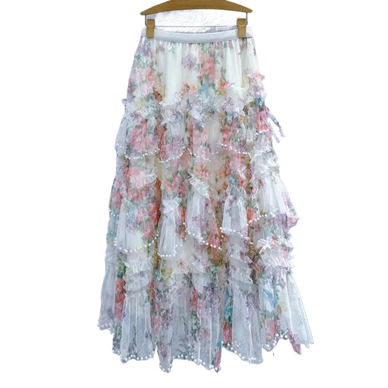 

Fashionable Beading Irregular Splicing Printed Floral Ruffles Tiers Mesh Cake Skirt
