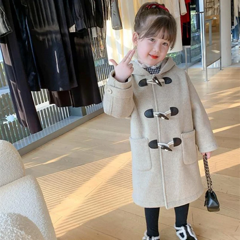 Girls Wool Coat Jacket Outerwear 2023 Khaki Warm Thicken Plus Velvet Winter Autumn Cotton School Teenagers Children's Clothing