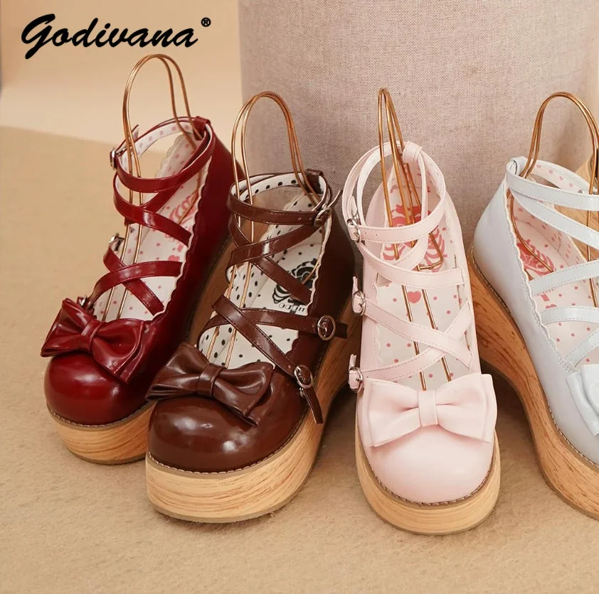 

Original Retro Cute Bow Round Head Thick Bottom Sponge Cake Shoes Female Girls Sweet Wood High Heel Pumps Leather High Heels