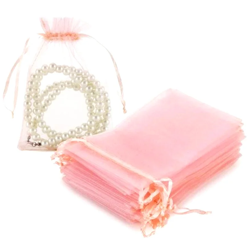 50pcs Pink Organza Drawstring Jewelry Small Bag for Earring Favor Wrapping Packing Pouch Packaging Wedding Businesses Organizer