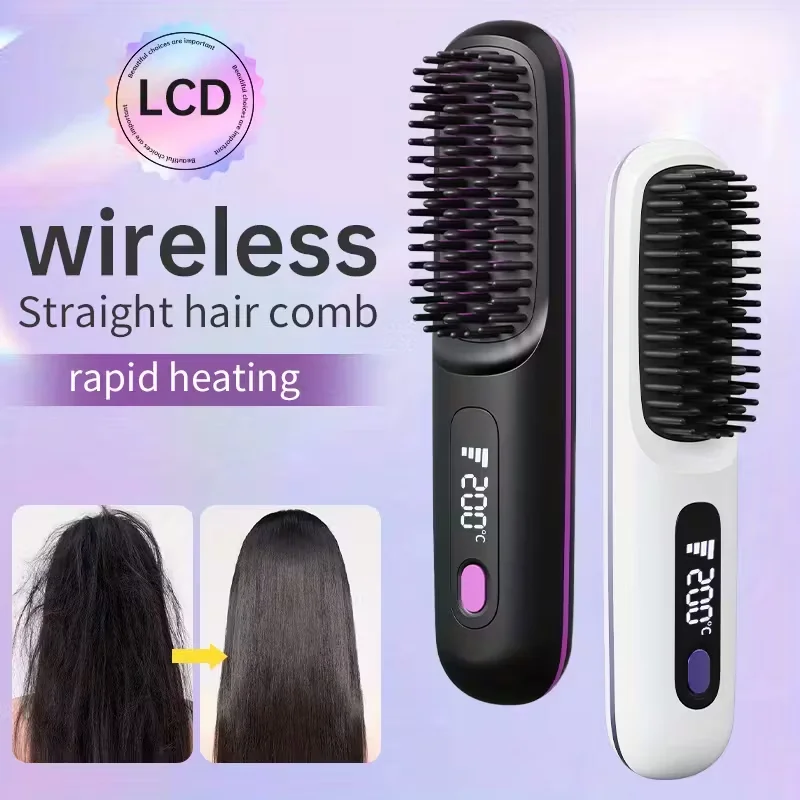 

Portable Wireless Hair Straightener Brush with Constant Temperature Anti-Heat Design, Hot Comb Function, Type-C Fast Charging