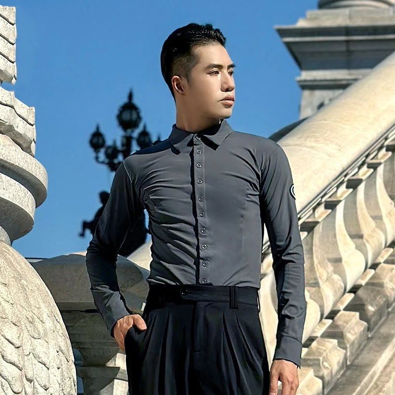 

Новые мужские топы для латиноамериканских танцев 2026 года, рубашки с длинным рукавом для тренировок по самбе, ча-ча-ча, танго, одежда для взрослых мужчин для занятий латиноамериканскими танцами DQS21937