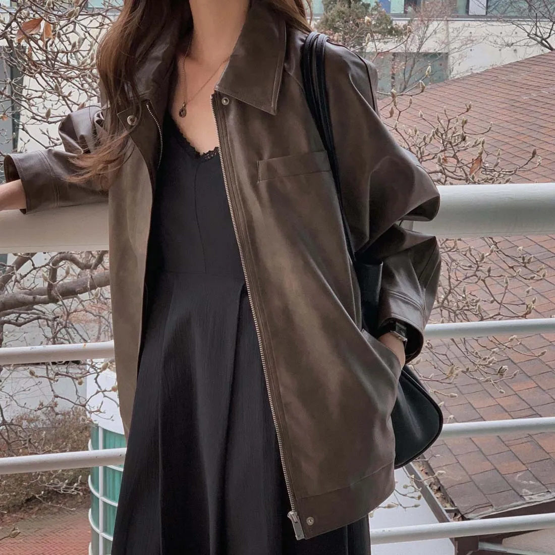 أنيقة بو الجلود Jaet المرأة سستة طوق فضفاضة تناسب السائق Sle ملابس خارجية طويلة Sve تخفيف Faion الخريف الاتجاه