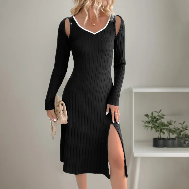 2025 Neue Herbst Winter Sexy Elegante Stil Abnehmbare Lange ärmeln V-ausschnitt Schwarz Gestrickte Kleid