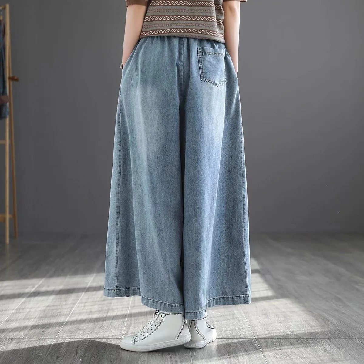 Pantalones vaqueros de pierna ancha para mujer, moda Primavera Verano, cintura elástica, Color sólido, pantalones vaqueros informales sueltos simples, pantalón suave y acogedor para mujer
