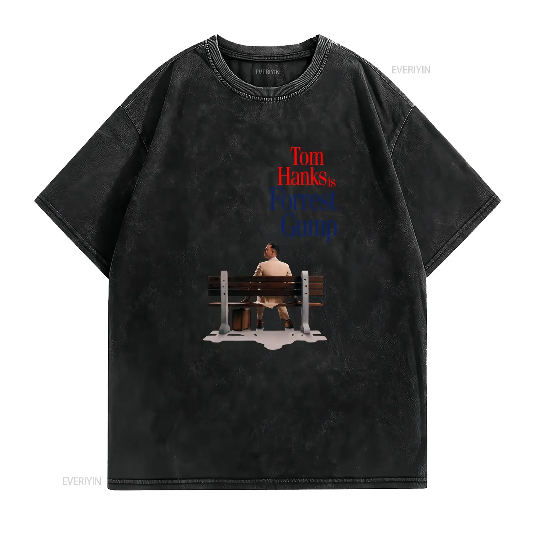 Vintage Retro Forrest Gump Classic Movie Bench Scene Print Casual T Shirt vintage Washed Breathable streetwear Comfortable