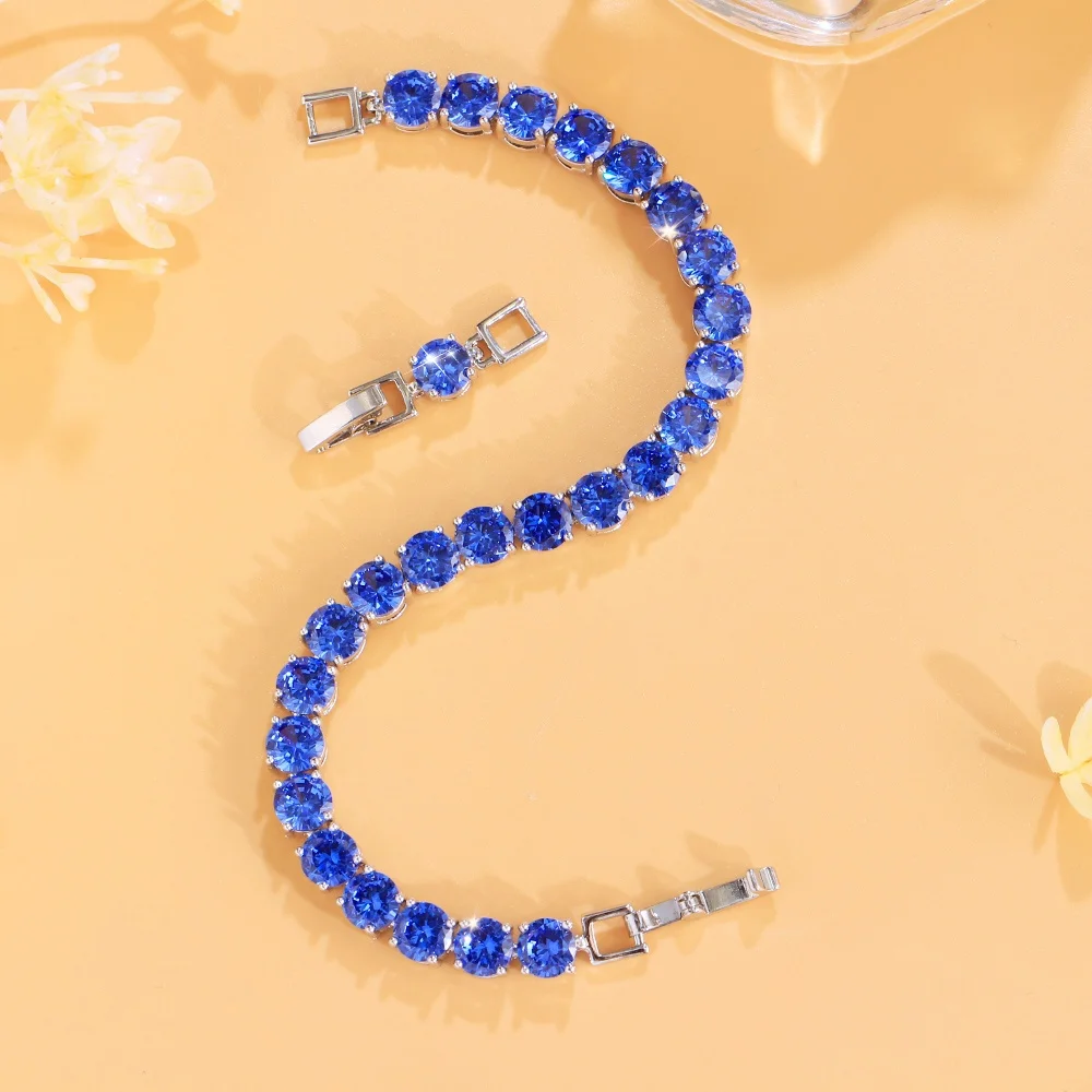Pera Royal Synthetic Tanzanite Blue Tennis Bracelets for Women Luxury Silver Color Crystal Hand Chain Jewelry Friend Gift B202