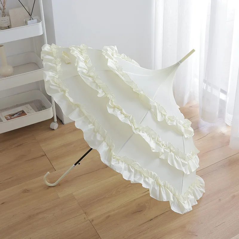 White Black Pagoda Umbrella Princess Long Handle Umbrella Small Fresh Curved Handle Wind-resistant  Wedding Etiquette Umbrella