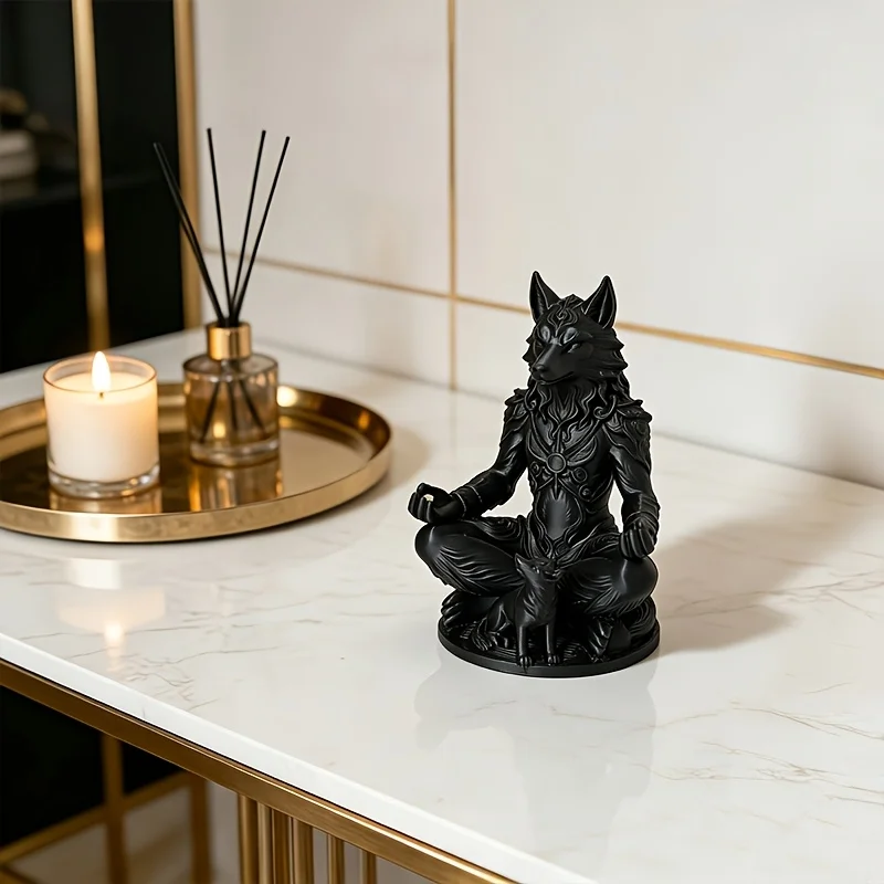 Black Anubis Meditation Statue Gothic Egyptian Jackal Figurine with Wolf, Desktop Home Decor Collectible Gift