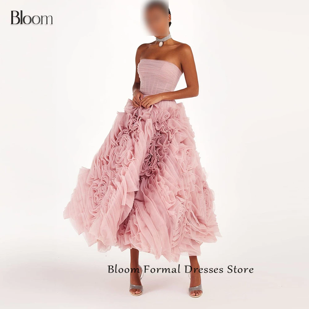 

Bloom A-Line Boat Neck Sleeveless Lace up Back Bones Ruffles Pleats Solid Color Chiffon Spaghetti Straps Bespoke Occasion Gowns