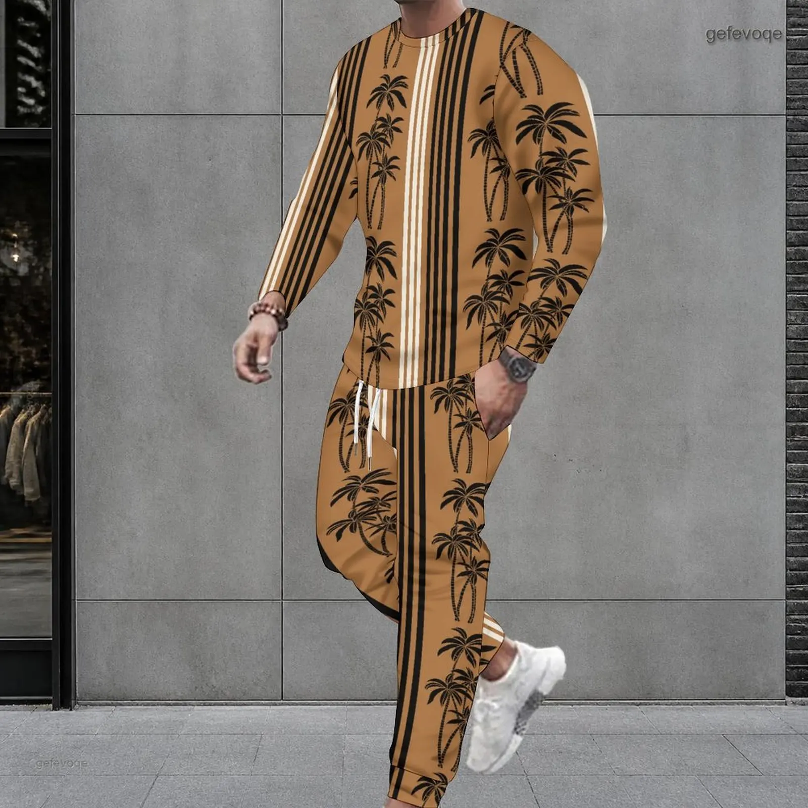 Men Printed Round Neck Long Sleeve Top and Cuffed Pants Set, Brown with Black Palm Tree and Vertical Stripe Print
