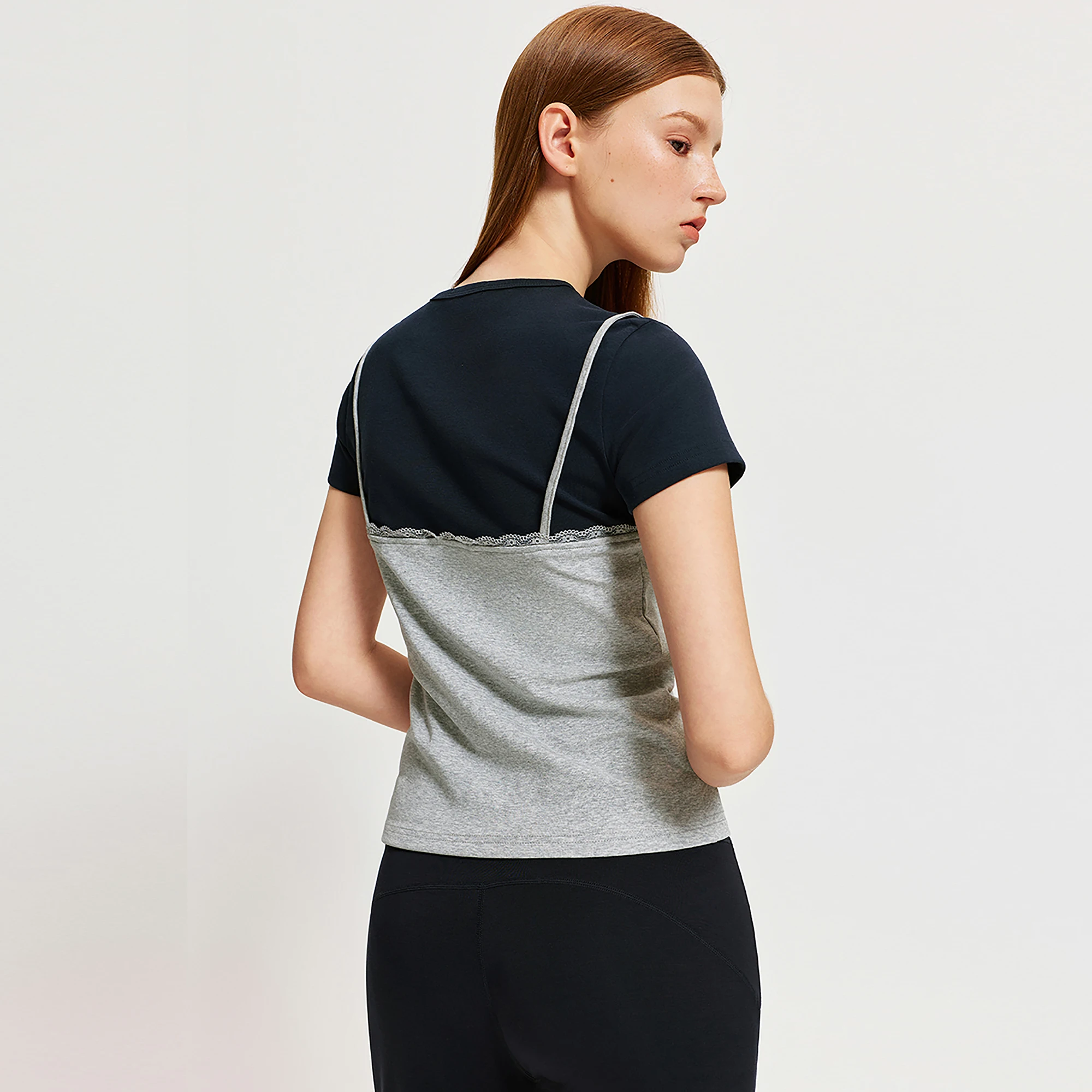 YESCCI Short Sleeve Tee Lace Trim Rhinestone Casual Soft Skin-friendly Cotton 2026 Summer New Two Piece Look Top Women S56411040
