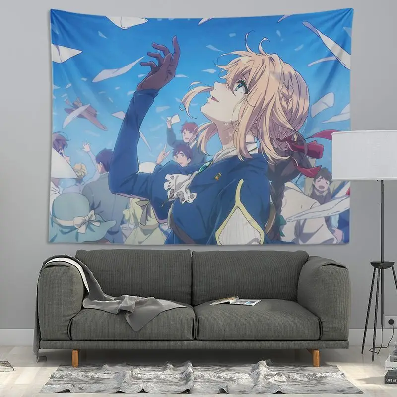 VIKAMA Violet Evergarden Anime Tapestry Cartoon Print Wall Hanging Aesthetic Bedroom Dorm Decor Kawaii Polyester Cloth